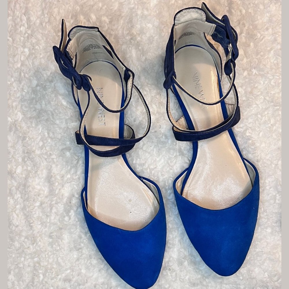 Nine West Blue Suede Women's Size 6.5 Pointy Toe Flat with ankle strap.